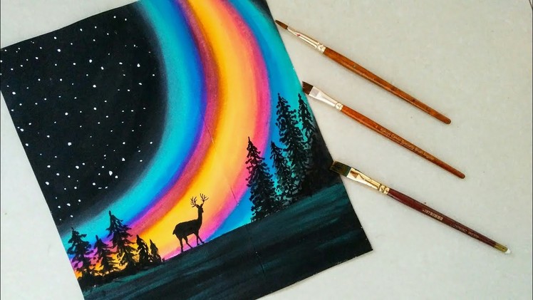 Simple Aurora forest Galaxy Acrylic Painting  || Easy Rainbow Painting with deer ||