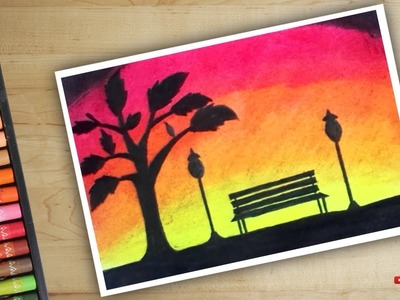 Bench and Street Light Scenery Drawing with Oil Pastels