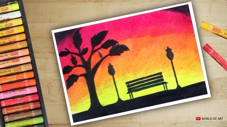Bench and Street Light Scenery Drawing with Oil Pastels
