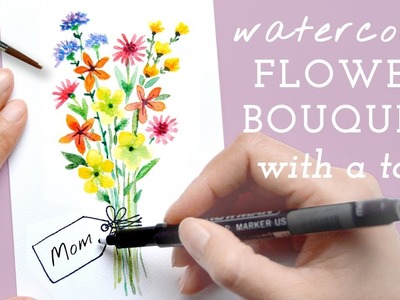 Birthday card, Mother's Day Card - CUTE Flower Bouquet with a 'Tag' - Easy Watercolor