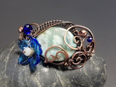 Blue Blossom Bliss - Wire wrapped cuff bracelet with Jasper and amazonite