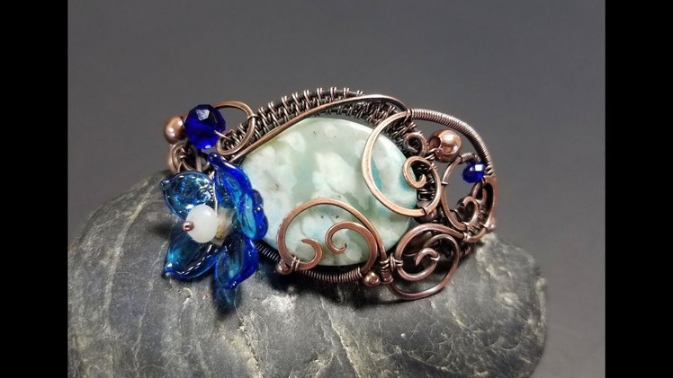 Blue Blossom Bliss - Wire wrapped cuff bracelet with Jasper and amazonite