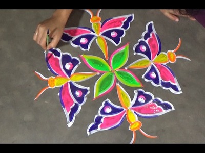 Butterfly easy rangoli designs with 8x2 dots. kolam designs with dots