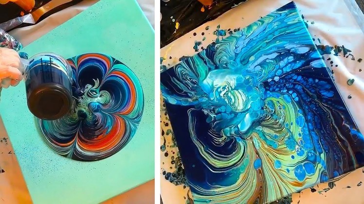 CREATING PICTURES BY POURING PAINT ONTO CANVAS