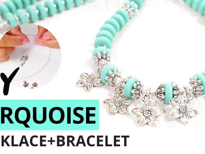 DIY Turquoise Jewelry Set | Bracelet |  Necklace | Discs & Flowers Beads