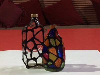 DlY : Bottle painting using puff paint n acrylic colours creating glass paint effect
