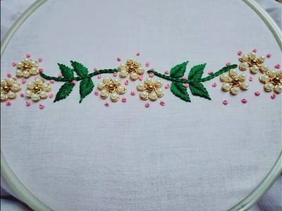 Hand embroidery. Hand embroidery pearl and zardoji  border design. Embroidery stitches tutorial.
