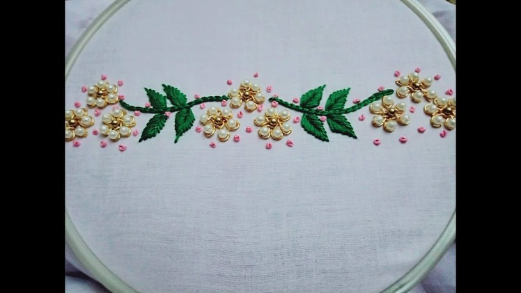 Hand embroidery. Hand embroidery pearl and zardoji  border design. Embroidery stitches tutorial.