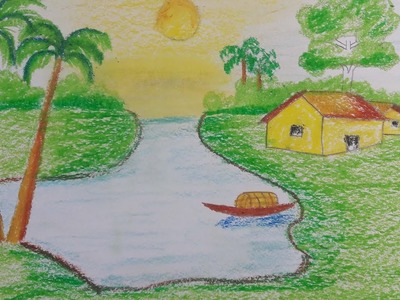 How to Draw a Village Scenery With Oil Pastel Step by Step (very easy) | Natural Scenery Drawing