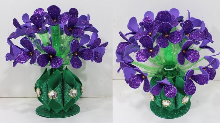 How to make flower vase with plastic bottle & glitter sheet | Guldasta ka design