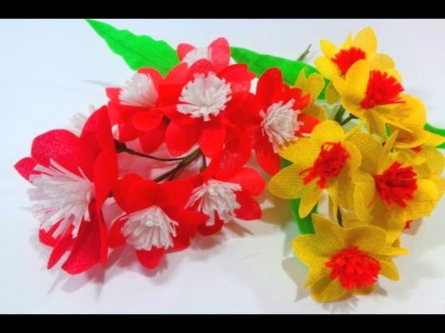 Making Beautiful Red & Yellow Carry bags Flower|| Reuse idea with Carry bags|| Making flower bunches
