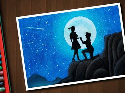 Moonlight Couple scenery drawing with Oil Pastels - step by step