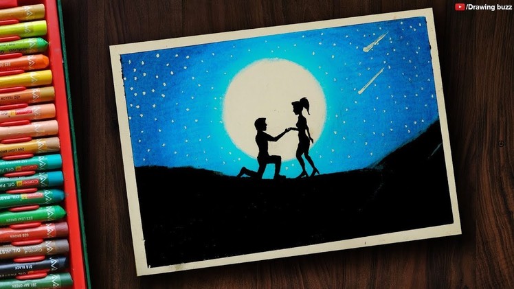 Moonlight Couple Scenery Drawing with Oil Pastels step by step | Drawing Buzz