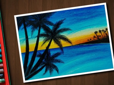 Sea Sunset scenery drawing for beginners with Oil Pastels - step by step