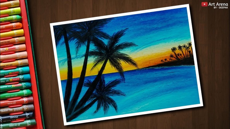Sea Sunset scenery drawing for beginners with Oil Pastels - step by step