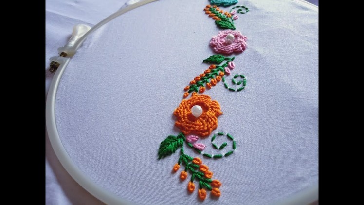 Hand embroidery.  Borderline embroidery design. Whipped button hole stitch.