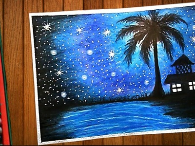 Blazing Night Pond Scenery Drawing With Oil Pastel - Step by Step Easy Tutorial