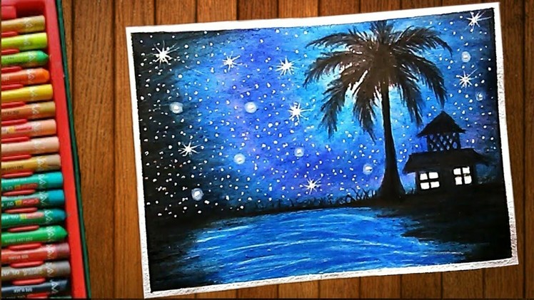 Blazing Night Pond Scenery Drawing With Oil Pastel - Step by Step Easy Tutorial