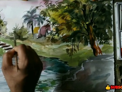 Easy nature in water colour. village side pond painting in water colour-ever art