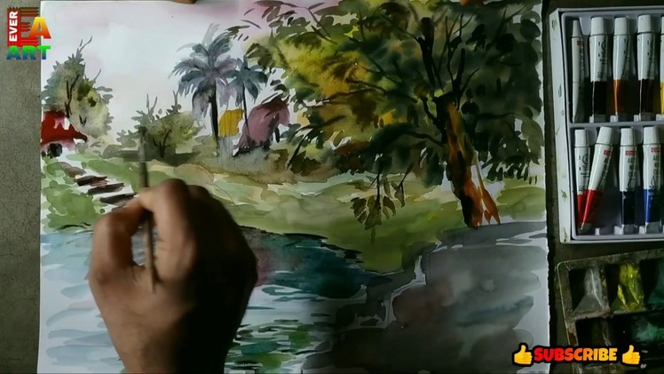 Easy nature in water colour. village side pond painting in water colour-ever art