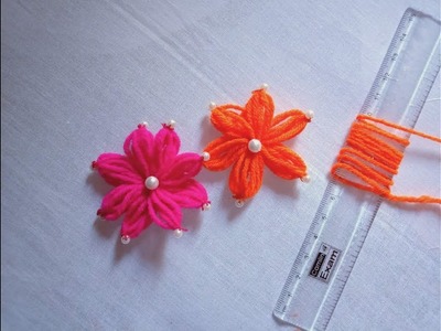 Hand embroidery. Trick embroidery to make easy 6 petal flower with ruler. wool flowers.