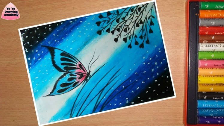 How to Draw Easy  Butterfly Scenery Drawing with Oil Pastels  step by step
