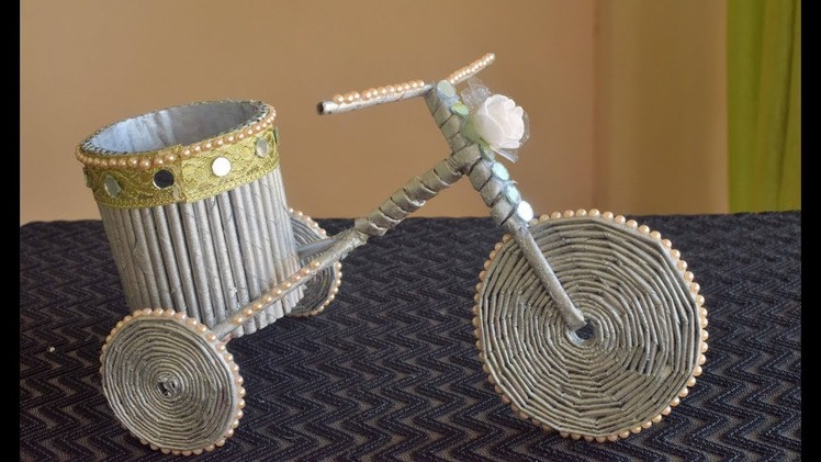 Newspaper Cycle Pen Stand | waste material craft | paper craft idea |parulpawar