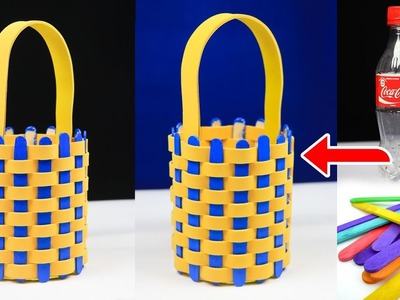 Waste material craft ideas | How to make an easter basket with plastic bottle and popsicle sticks