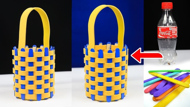 Waste material craft ideas | How to make an easter basket with plastic bottle and popsicle sticks