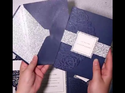 Elegant navy blue rose laser cut pocket wedding invitations with glitter belly bands and tags EWWS18