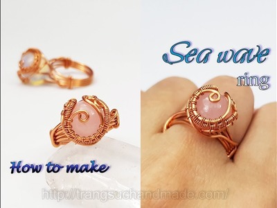 Ring inspired by sea waves with spherical stone - jewelry from copper wire 450