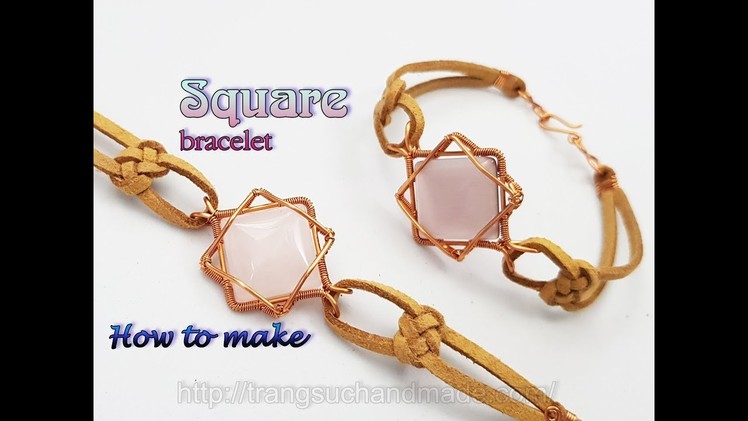 Wire bracelet with square cabochon and infinity knot leather cord - Unisex jewelry 456