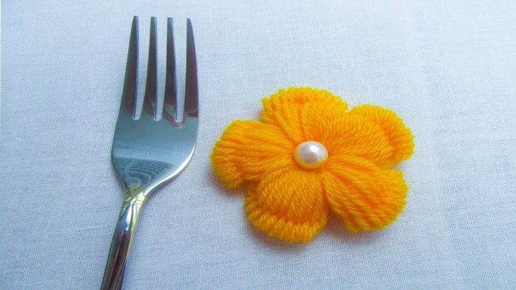 Hand Embroidery, Easy flower embroidery trick with fork, Woolen flower