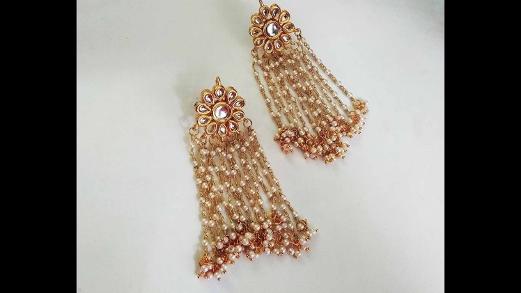 How to make designer kundan pearl chain tassel bridal earrings at homeIndian jewelry making tutorial