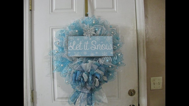White and blue, let it snow wreath with a 5 ribbon bow