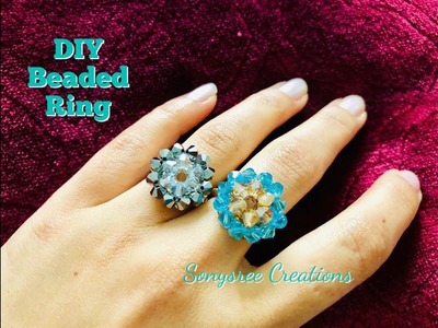 Aqua Ring.Bicone Beaded Ring. How to make beaded ring