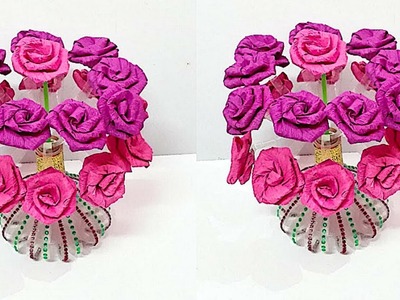 Guldasta from Plastic Bottle with crepe paper flower at home| Best out of waste Flower vase