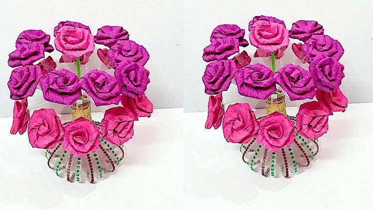 Guldasta from Plastic Bottle with crepe paper flower at home| Best out of waste Flower vase