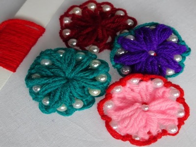 Hand Embroidery wool yarn flower with pearls | easy hand embroidery tutorial
