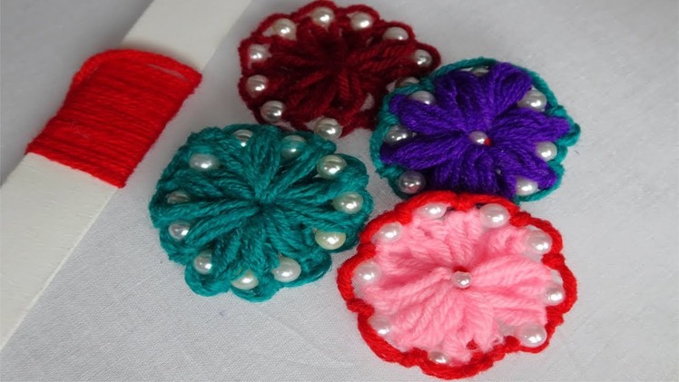 Hand Embroidery wool yarn flower with pearls | easy hand embroidery tutorial