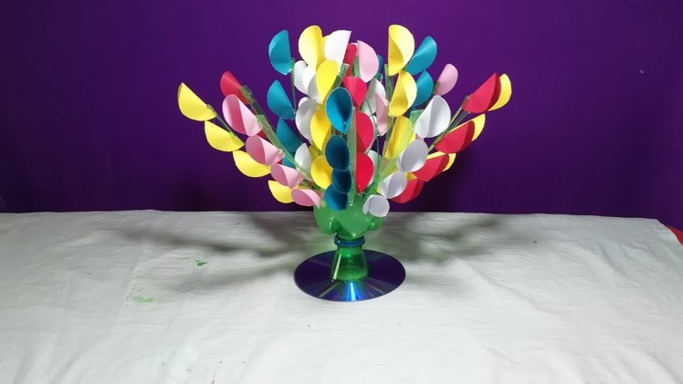 Make Beautiful paper flower || Empty plastic bottle vase making crafte-Water bottle Recycle flower