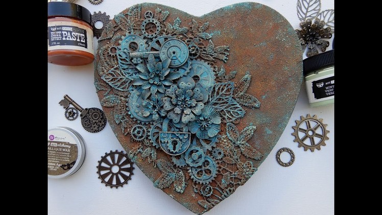 Rusty heart mixed media canvas with rust and patina paste