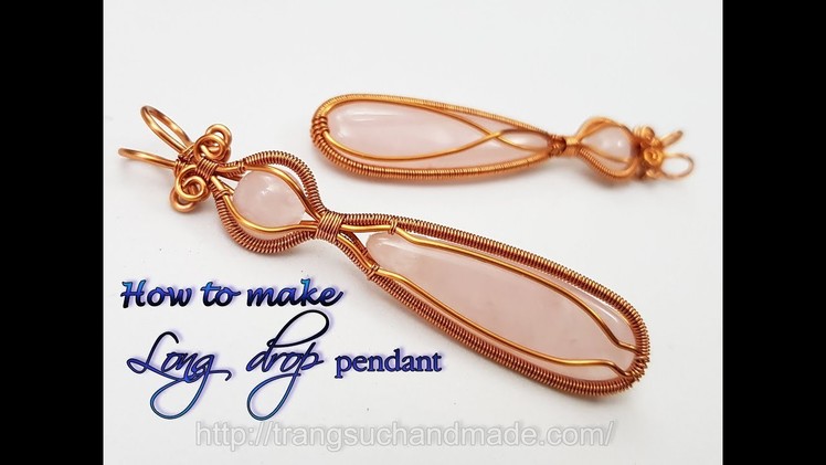 Copper wire pendant with stone long drop and half round cabochon - Wire wrapped stones ideas 459