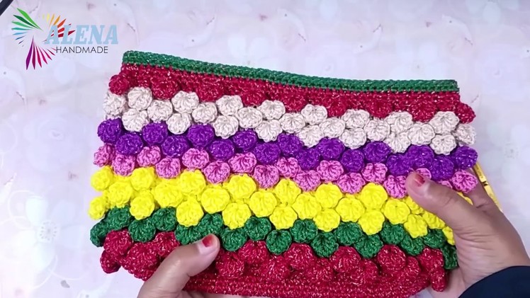 Crochet.tutorial dompet rajut motif bobble shell stitch.popcorn shell stitch