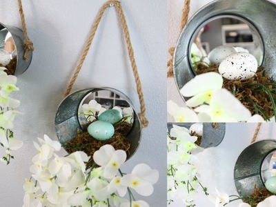 DIY Dollar Tree Farmhouse Tin Mirror Hanging Baskets | Spring & Easter Decor
