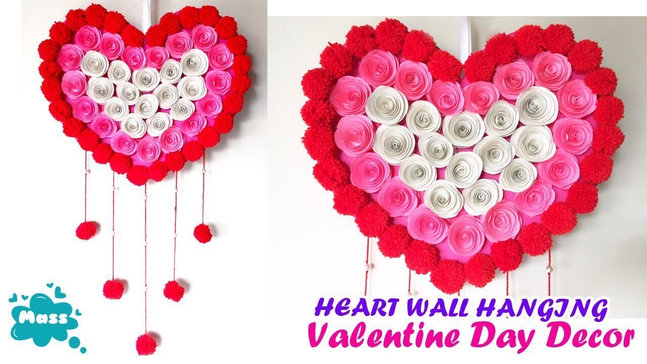 DIY Heart Wall Hanging, Valentine wall decor ideas, paper and woolen ...