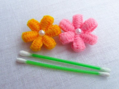 Hand Embroidery Amazing Trick, Easy woolen flower making idea with cotton bud