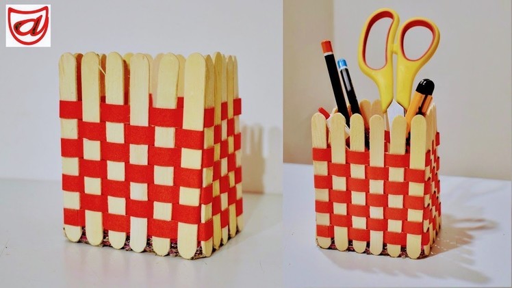 Best out of waste Pop Stick craft | DIY Pen stand.organizer from popsicle sticks - artsNcraft