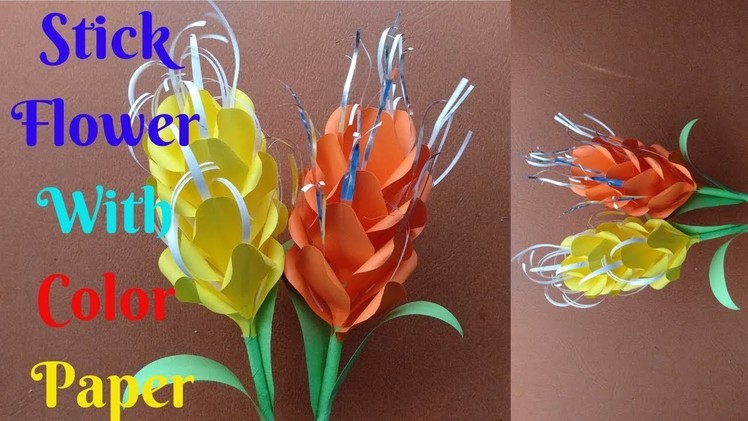 How To Make Stick Flower With Color Paper | Craft Stick Flower Color Paper | Home Diy Crafts Paper