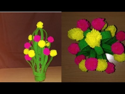 Make plastic bottle AND WOOLEN FLOWER POT. WOOLEN CRAFT, HOW TO MAKE YARN FLOWERS.